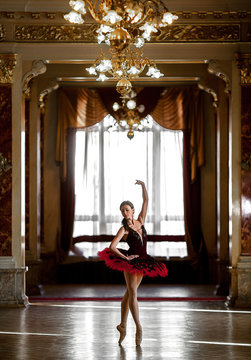 Beautiful ballerina dancing in a luxurious hall in a red dress.