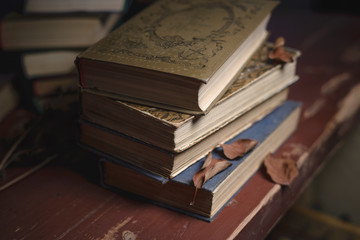 a stack of old vintage books on a red wooden table and dry leaves