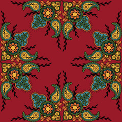 Indian traditional pattern on red background. Seamless pattern