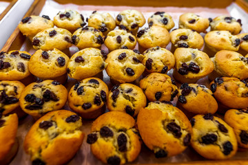 Closeup of fresh bakery products in the shop. Wheat, bake, food.