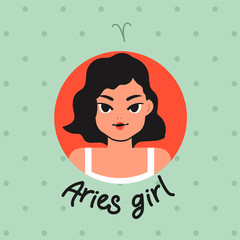 Aries : Pretty girl with horoscope sign on pastel background  : Vector Illustration