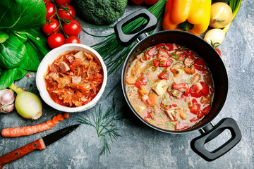 Goulash soup and colorful vegetables.