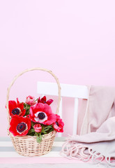 Fototapeta na wymiar How to make adorable Mother's Day gift with red anemone flowers