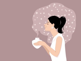 Woman using an aromatherapy diffuser, surrounded by an essential oil fragrance, EPS 8 vector illustration - obrazy, fototapety, plakaty