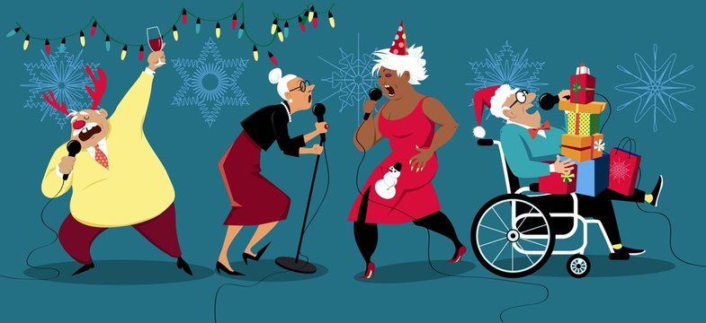 Senior people celebrating winter holidays and singing karaoke, EPS 8 vector illustration