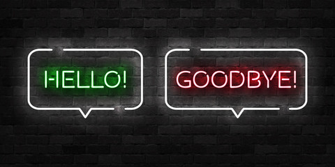 Vector realistic isolated neon sign of Hello and Goodbye logo for template decoration and covering on the wall background. © comicsans