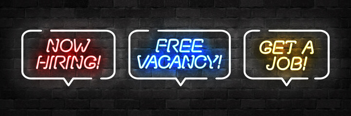 Vector set of realistic isolated neon sign of Hiring logo for decoration and covering on the wall background. Concept of free vacancy and job.