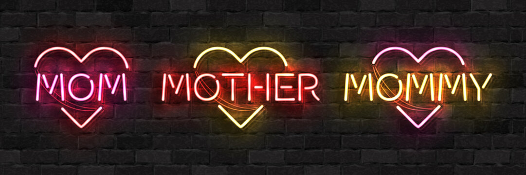 Vector set of realistic isolated neon sign of Mothers Day logo with heart shape for template decoration and covering on the wall background.