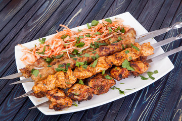 delicious grilled lamb shashlik with on the table