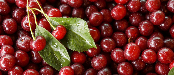 Ripe sweet cherry, harvest of cherry with a leaf
