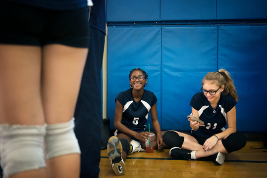 Volleyball players in sports hall 