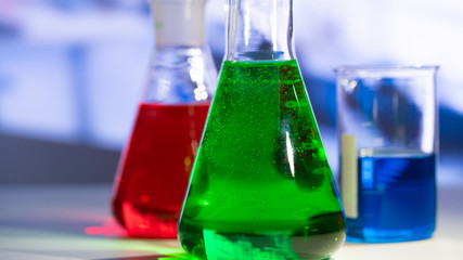 flasks and test tubes in a chemistry lab