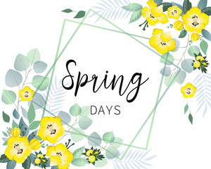 Spring sale banner with wild flowers and eucalyptus.