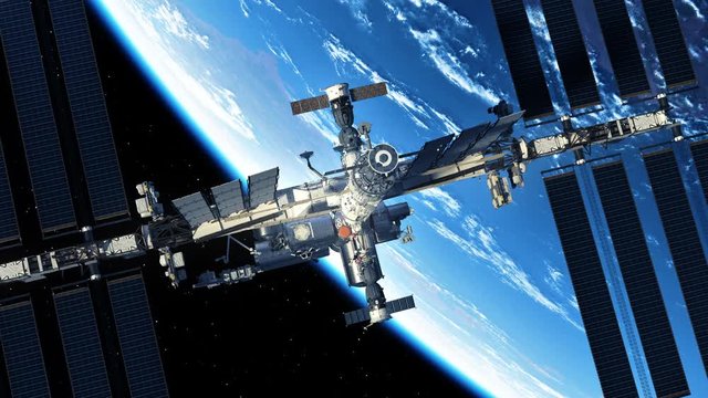4K. Commercial Spacecraft Is Preparing To Dock With International Space Station. 3D Animation.