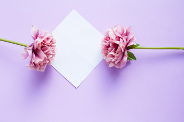Mockup on violet background with white paper sheet and peony flowers, top view.