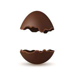 Easter broken egg 3d. Chocolate brown open egg, isolated white background. Traditional sweet candy dessert, decoration Happy Easter celebration. Design element spring holiday. Vector illustration