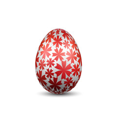 Easter egg 3D icon. Silver color egg, isolated white background. Red flower design, realistic decoration Happy Easter celebration. Holiday element. Shiny pattern. Spring symbol. Vector illustration