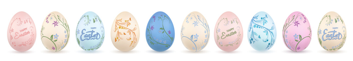 Easter egg 3D icon. Pastel eggs set, lettering, isolated white background. Floral design. Hand drawn flower decoration Happy Easter. Text element. Holiday pattern. Spring symbol. Vector illustration