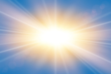 Sun rays. Starburst bright effect, isolated on blue background. Gold light star flash. Abstract shine beams. Vibrant magic sparkle explosion. Glowing burst, lens effect. Vector illustration