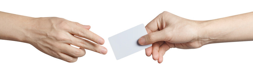 Hands sharing a blank card or a ticket/flyer, isolated on white background