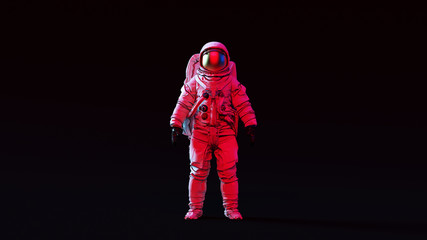 Astronauta ze złotym daszkiem i białym Spacesuit z różowym i niebieskim Moody 80s oświetlenie Przednie 3d ilustracji renderowania 3d - 250889348