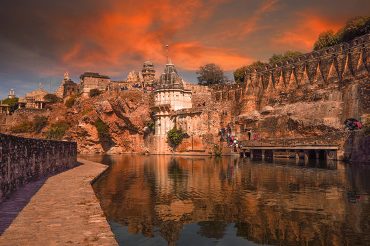  a stone fortress on the hill of fort chittorgarh in india in evening at sunset. architectural landmark    