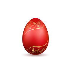 Easter egg 3D icon Red egg isolated white background. Floral gold hand drawn design, flower branch leaf decoration pattern Happy Easter celebration. Holiday element. Spring symbol. Vector illustration