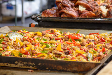 Traditional Hungarian pig slaughter dishes, fried pork with vegetables