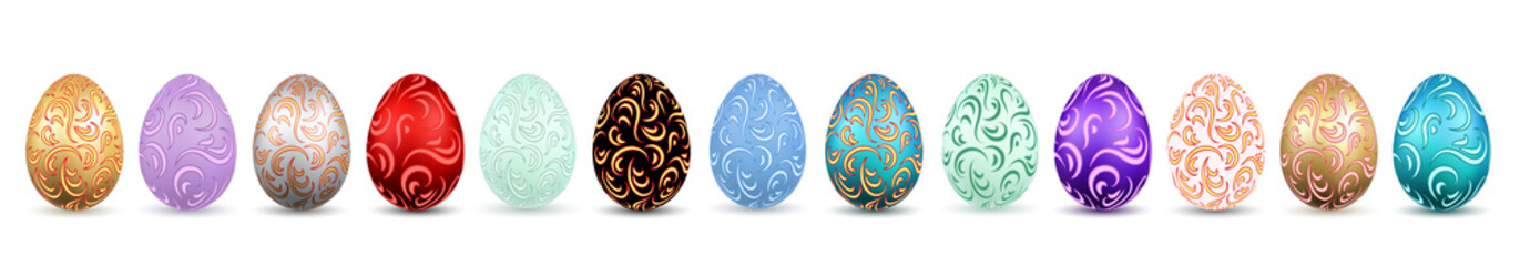 Easter egg 3D icons. Ornate color eggs set, isolated white background. Swirl realistic design, decoration Happy Easter celebration. Holiday ornamental element. Spring pattern. Vector illustration