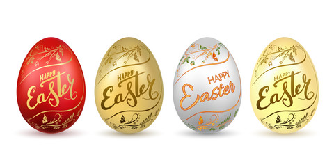 Easter egg 3D icon. Eggs set, flower, gold lettering text Isolated white background. Floral design. Hand drawn decoration Happy Easter celebration. Holiday pattern. Spring symbol. Vector illustration