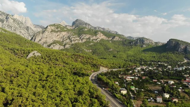 Aerial view of Mountains and Coast National Park in Turkey, Beldibi village