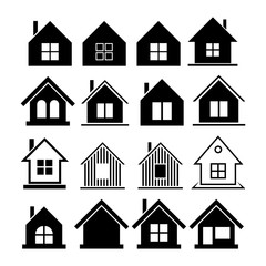 House icons set. Black silhouettes of houses. Vector drawing. Isolated object on white background.