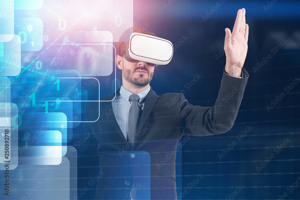Poster man in vr glasses using binary interface