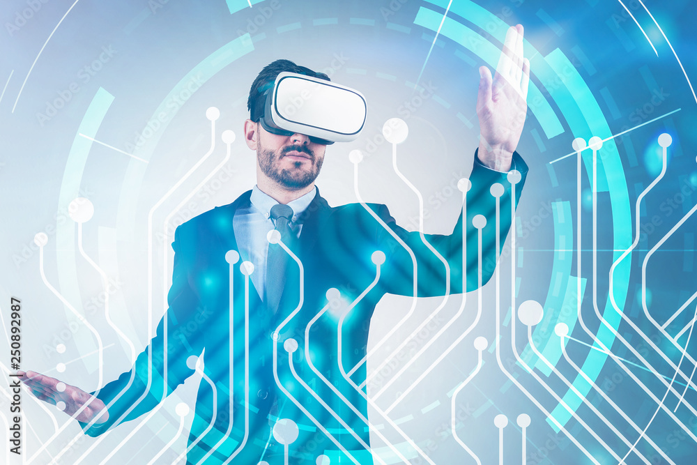 Poster man in vr glasses using circuit interface with hud