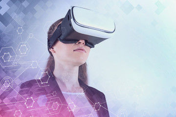 Businesswoman in VR glasses, network