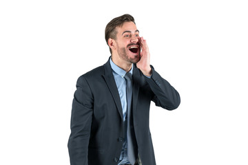 Fototapeta premium Happy businessman shouting, isolated