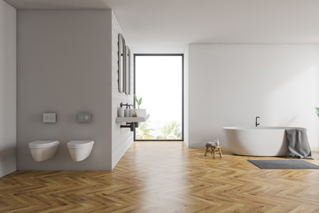 Fototapeta na wymiar White bathroom interior, tub and toilets