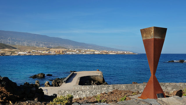Ilustracion Ayuntamiento Villa de Arico, iron rusty monument installed by the town hall in the small village Poris de Abona, Playa Poris de Abona, Tenerife, Canary Islands, Spain