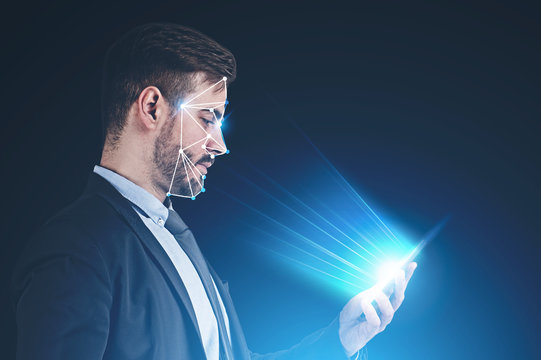 Face recognition technology, man with phone