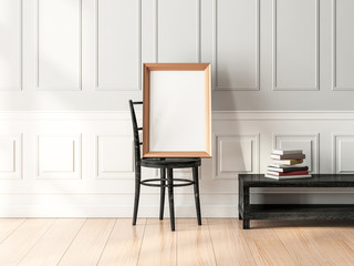 Golden poster Frame Mockup standing on the wooden chair in empty modern interior