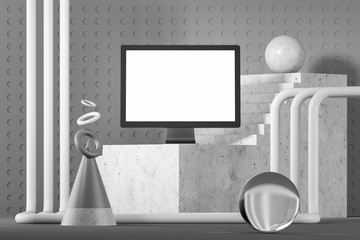 Mock up computer screen, gray geometric background