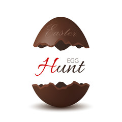 Easter broken egg 3d. Egg Hunt text. Chocolate brown open egg isolated white background. Traditional sweet candy decoration Happy Easter celebration. Design element spring holiday. Vector illustration