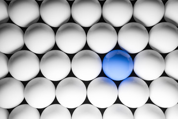 White balls background with blue ball, top view