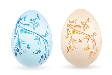 Easter egg 3D icon. Pastel eggs set, isolated white background. Floral hand drawn design, flower branch leaf decoration pattern Happy Easter celebration. Holiday spring element. Vector illustration