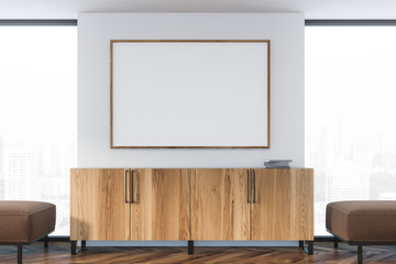 Living room with wooden cabinet and poster