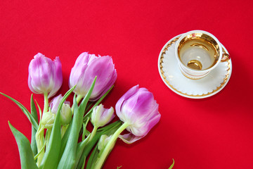 bouquet of pink tulips and cup on red background