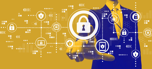 Obraz premium Cyber security with businessman in a yellow and blue duotone