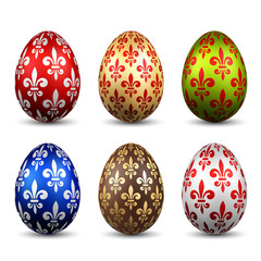 Easter egg 3D icon. Color eggs set, isolated white background. Flower fleur de lis design, decoration Happy Easter celebration. Royal lily element. Holiday pattern. Spring symbol. Vector illustration