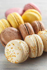 Close up image of pastel colored macarons