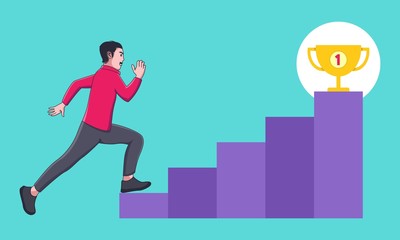 Happy Businessman run and jump up stairs to golden trophy